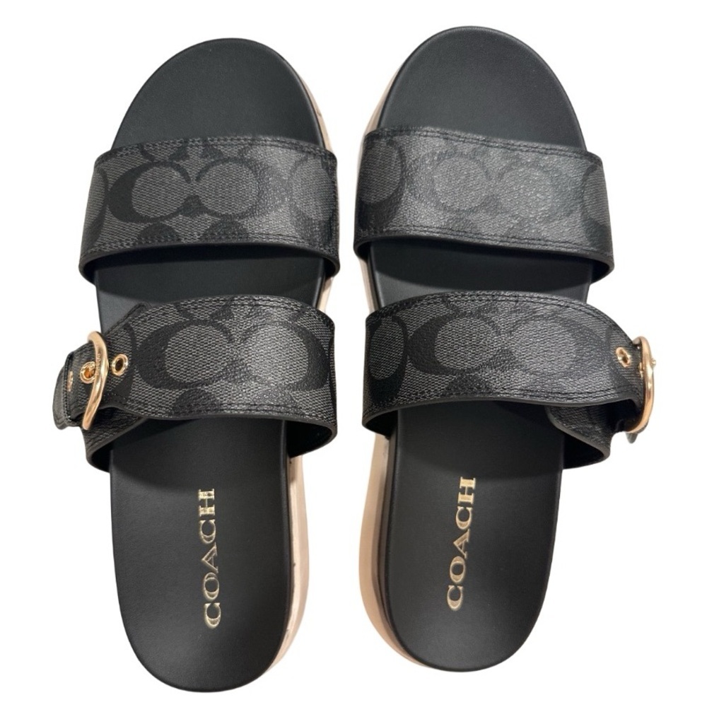 COACH Gwen Signature Black Golden Buckle Leather Strap Sandals 8B US / 38.5 EU - Picture 3 of 16